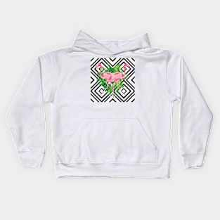 Hand drawn pink flamingo with tropical leaves in mirror image style on geometric background. Kids Hoodie